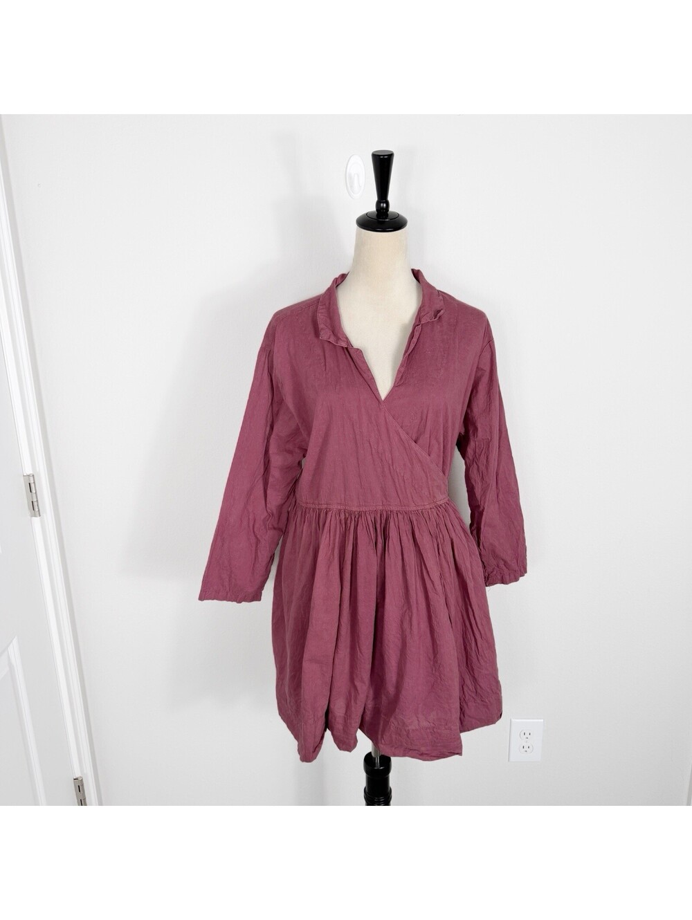 Krista Larson Mini Wrap Dress One Size Cotton Lagenlook Pleated Minimalist Berry
